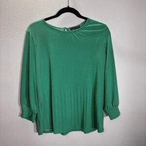 Adrianna Papell Green Polka Dot Blouse Medium 3/4 Sleeve Keyhole Back